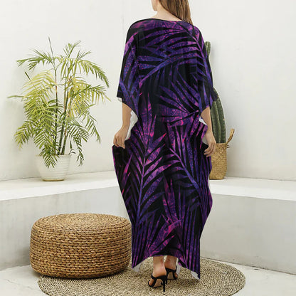 Purple Tropical Leaves Print Silk V-Neck Kaftan Dress