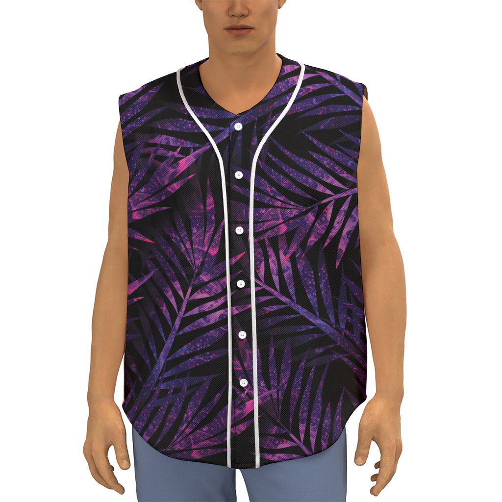 Purple Tropical Leaves Print Sleeveless Baseball Jersey