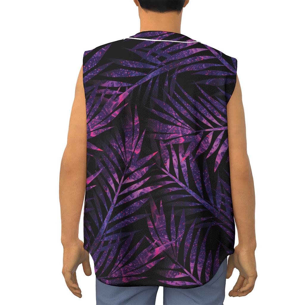 Purple Tropical Leaves Print Sleeveless Baseball Jersey