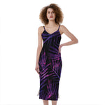 Purple Tropical Leaves Print Slim Fit Midi Cami Dress