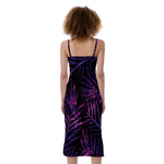 Purple Tropical Leaves Print Slim Fit Midi Cami Dress