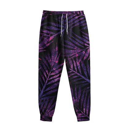 Purple Tropical Leaves Print Sweatpants