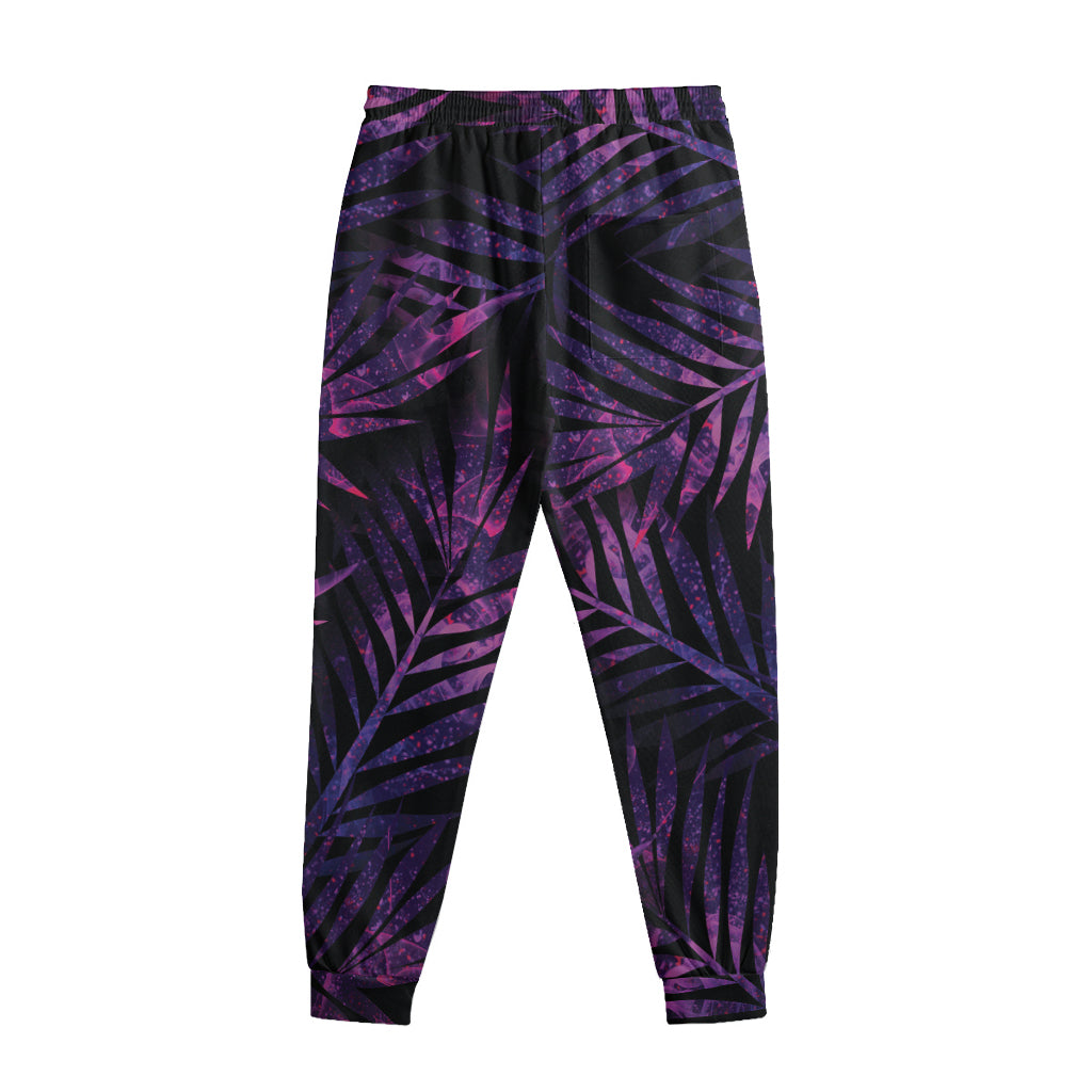 Purple Tropical Leaves Print Sweatpants