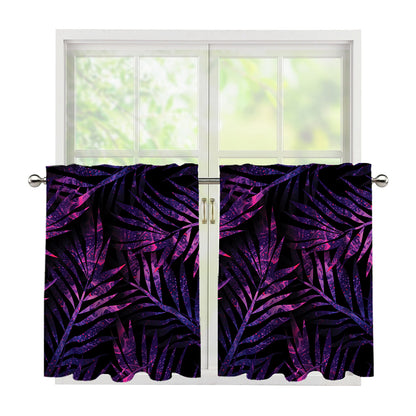 Purple Tropical Leaves Print Tier Curtains