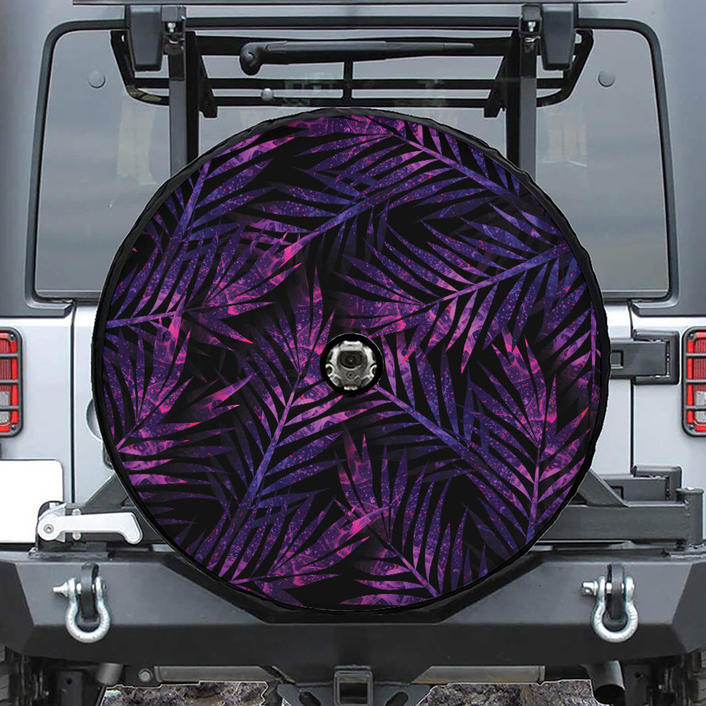 Purple Tropical Leaves Print Tire Cover With Camera Hole
