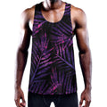 Purple Tropical Leaves Print Men's Workout Tank Top