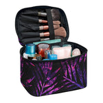 Purple Tropical Leaves Print Travel Makeup Bag