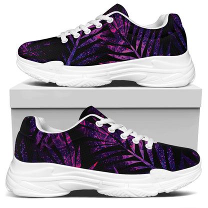 Purple Tropical Leaves Print White Chunky Shoes