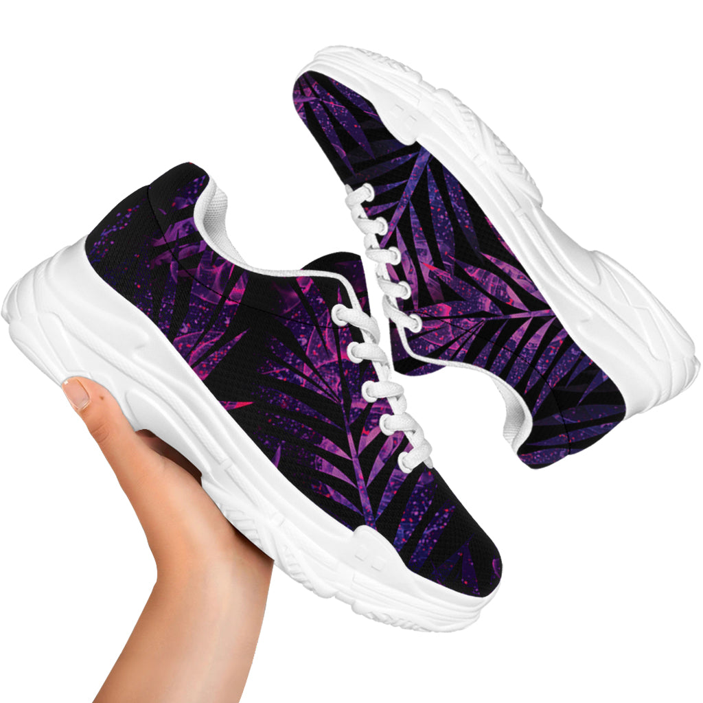 Purple Tropical Leaves Print White Chunky Shoes