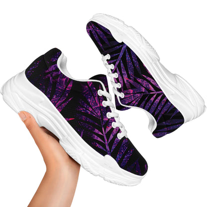 Purple Tropical Leaves Print White Chunky Shoes