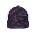 Purple Tropical Leaves Print White Mesh Trucker Hat
