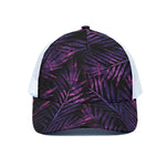 Purple Tropical Leaves Print White Mesh Trucker Cap