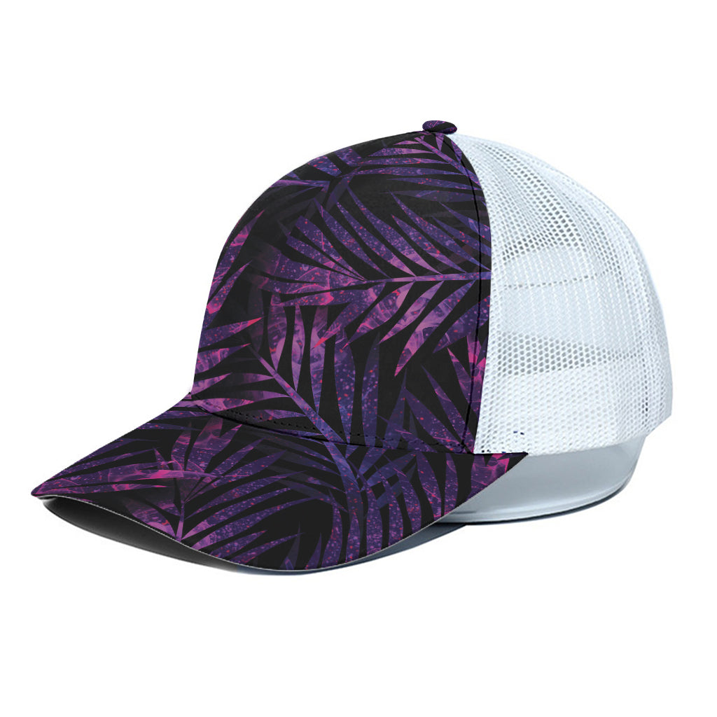 Purple Tropical Leaves Print White Mesh Trucker Cap