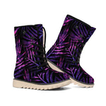Purple Tropical Leaves Print Winter Boots