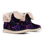Purple Tropical Leaves Print Winter Boots