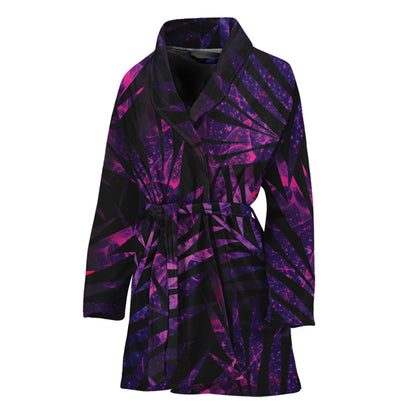 Purple Tropical Leaves Print Women's Bathrobe