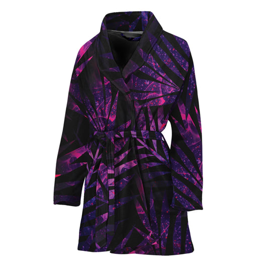 Purple Tropical Leaves Print Women's Bathrobe