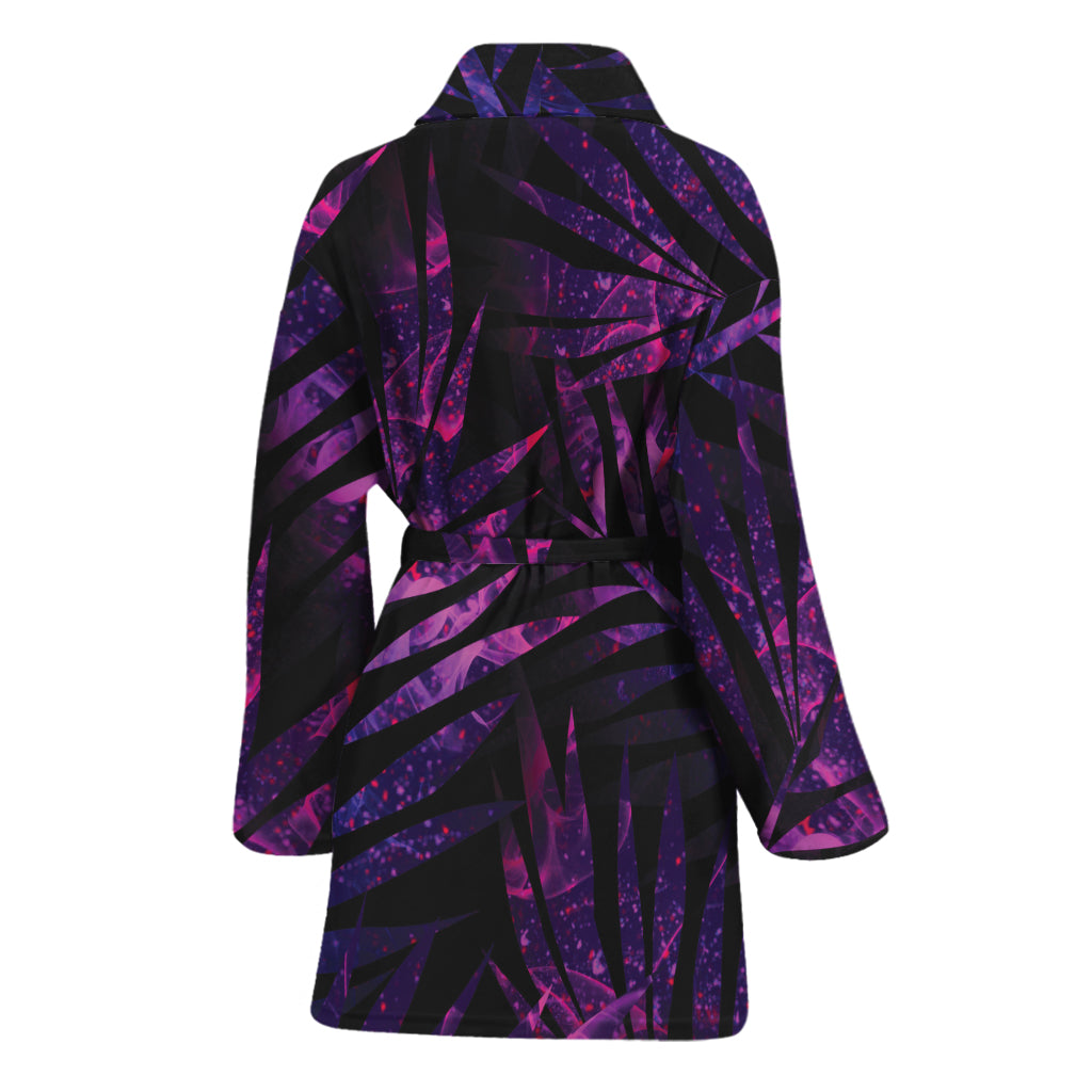 Purple Tropical Leaves Print Women's Bathrobe