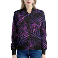Purple Tropical Leaves Print Women's Bomber Jacket