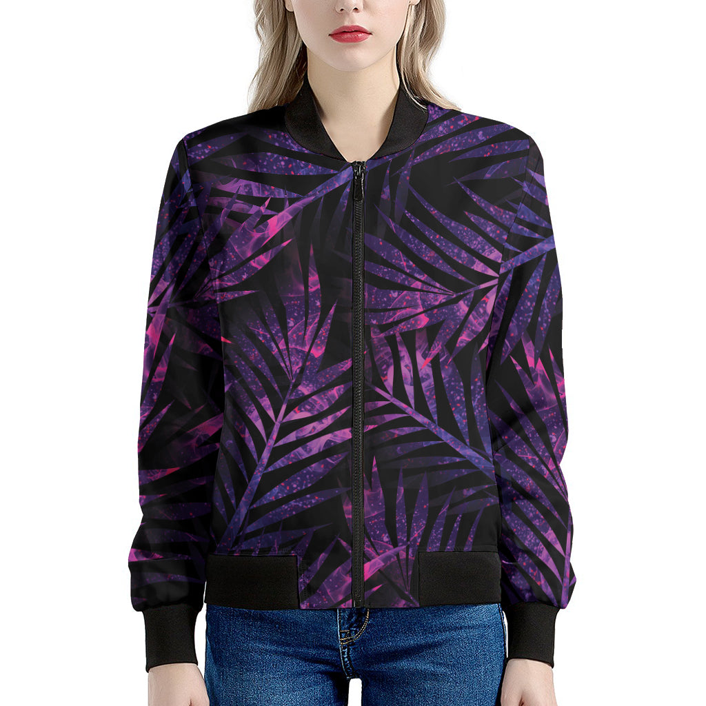 Purple Tropical Leaves Print Women's Bomber Jacket