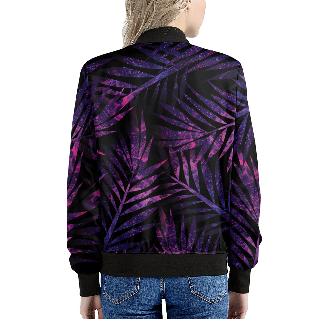 Purple Tropical Leaves Print Women's Bomber Jacket