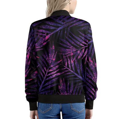 Purple Tropical Leaves Print Women's Bomber Jacket