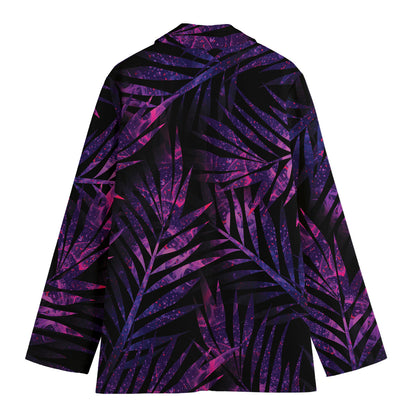 Purple Tropical Leaves Print Women's Cotton Blazer