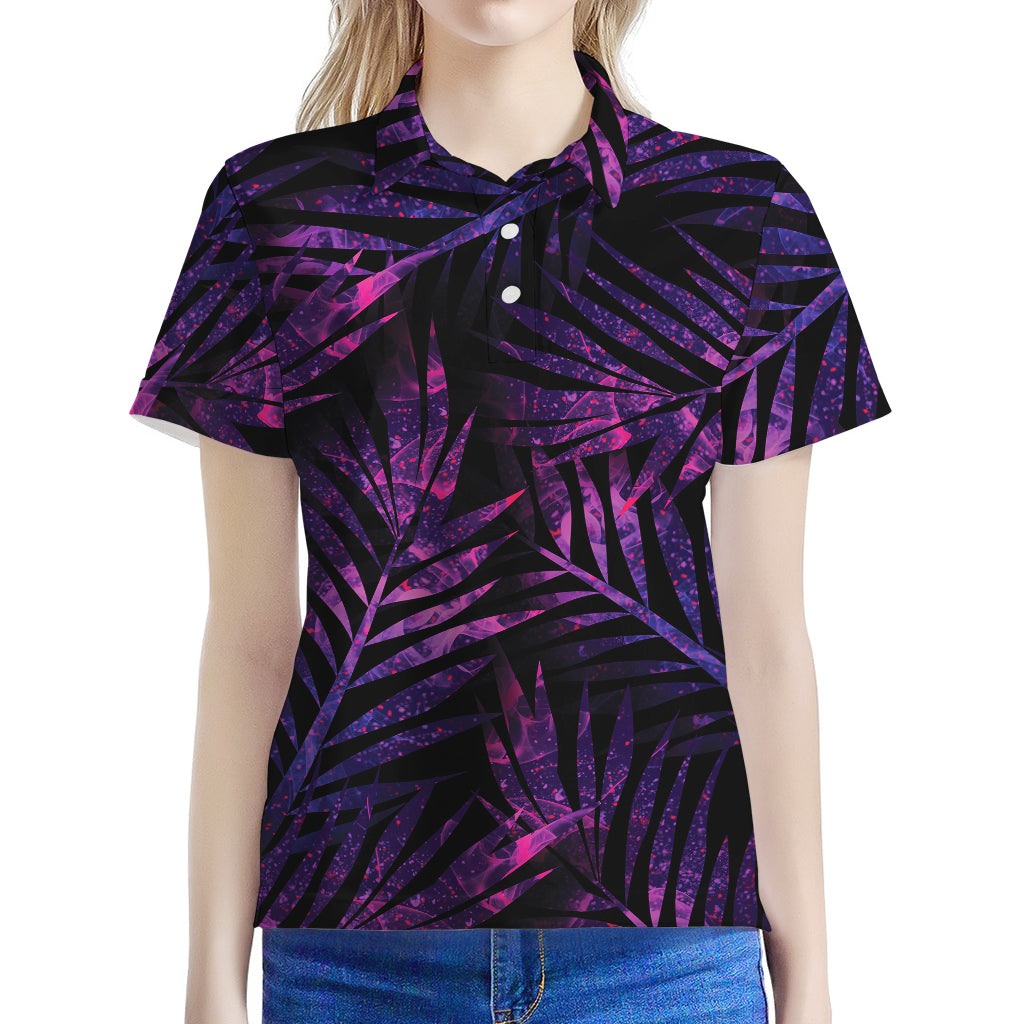 Purple Tropical Leaves Print Women's Polo Shirt