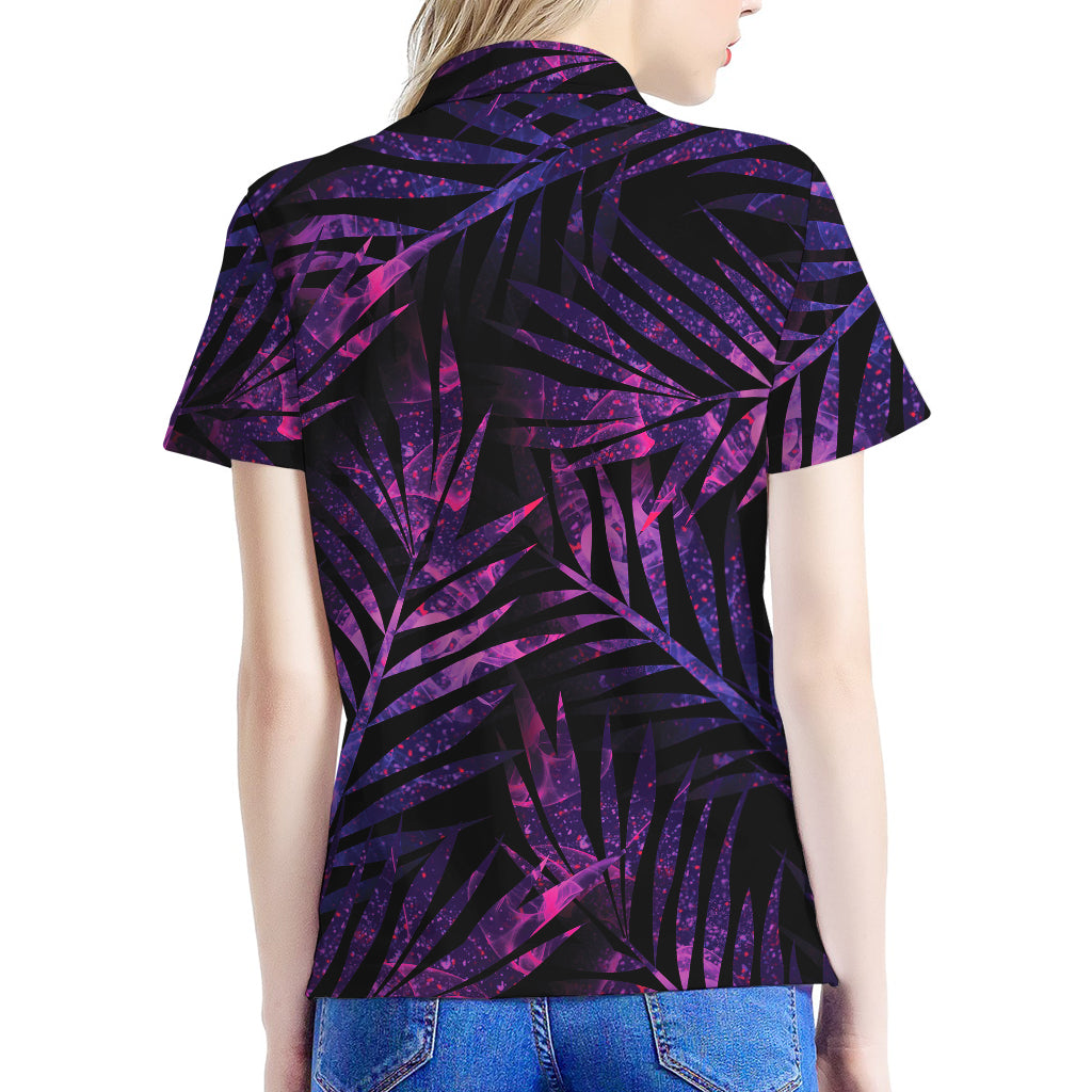 Purple Tropical Leaves Print Women's Polo Shirt