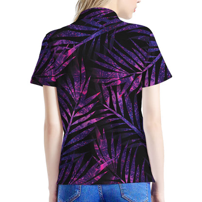 Purple Tropical Leaves Print Women's Polo Shirt