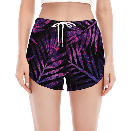 Purple Tropical Leaves Print Women's Split Running Shorts