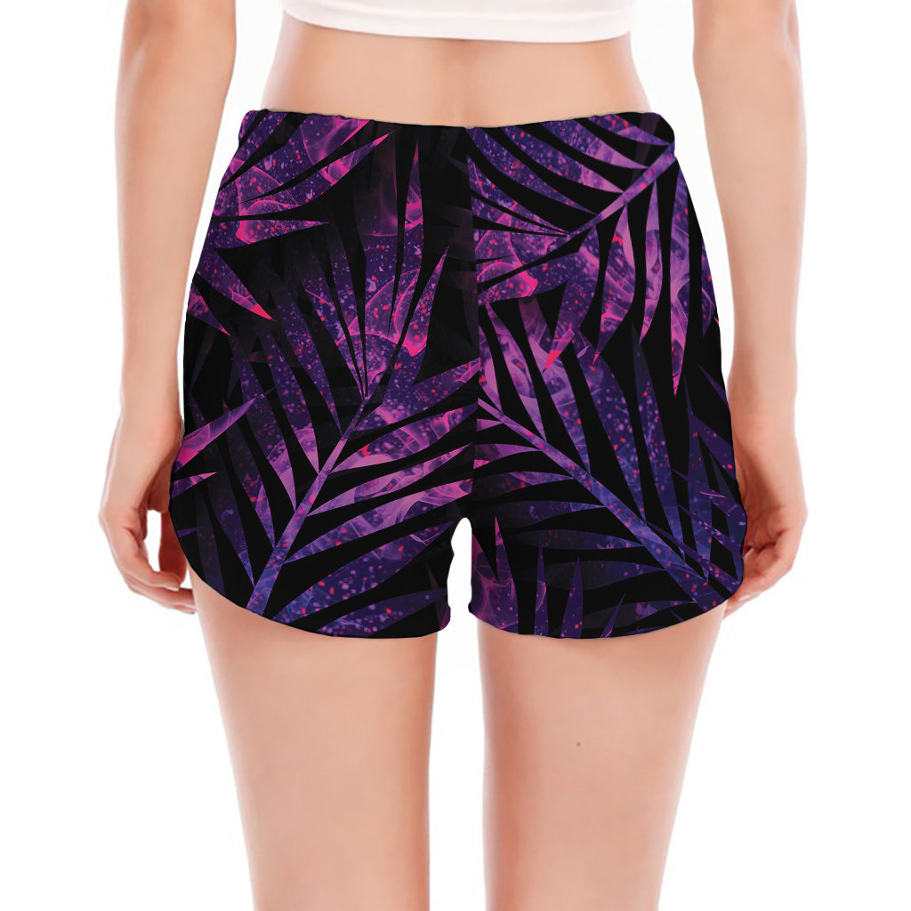 Purple Tropical Leaves Print Women's Split Running Shorts