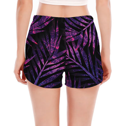 Purple Tropical Leaves Print Women's Split Running Shorts