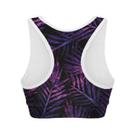 Purple Tropical Leaves Print Women's Sports Bra