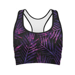 Purple Tropical Leaves Print Women's Sports Bra