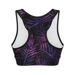 Purple Tropical Leaves Print Women's Sports Bra