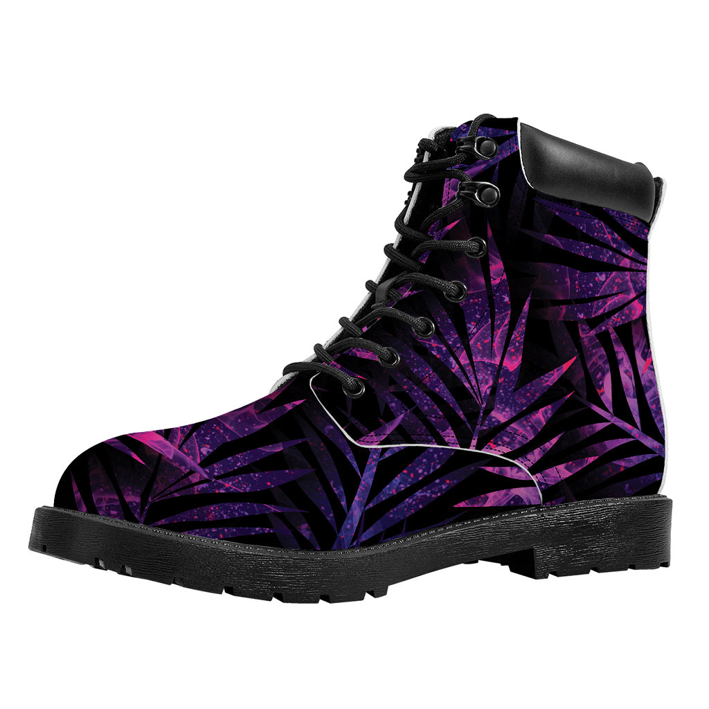 Purple Tropical Leaves Print Work Boots