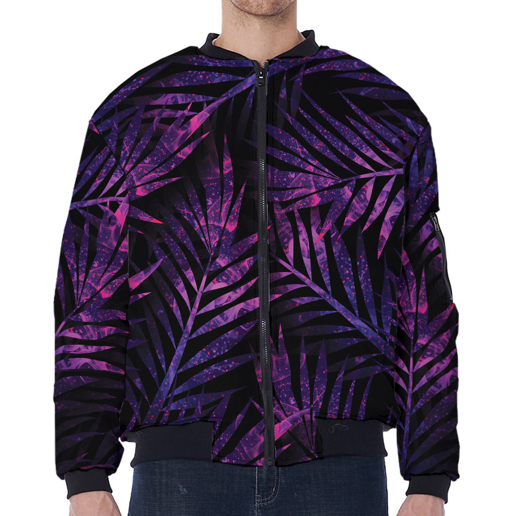 Purple Tropical Leaves Print Zip Sleeve Bomber Jacket