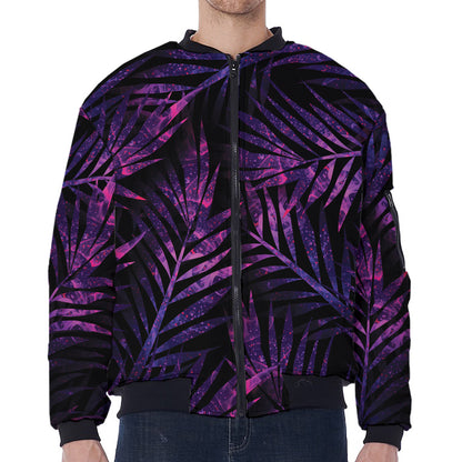 Purple Tropical Leaves Print Zip Sleeve Bomber Jacket