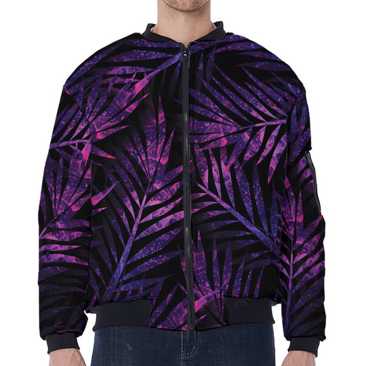 Purple Tropical Leaves Print Zip Sleeve Bomber Jacket