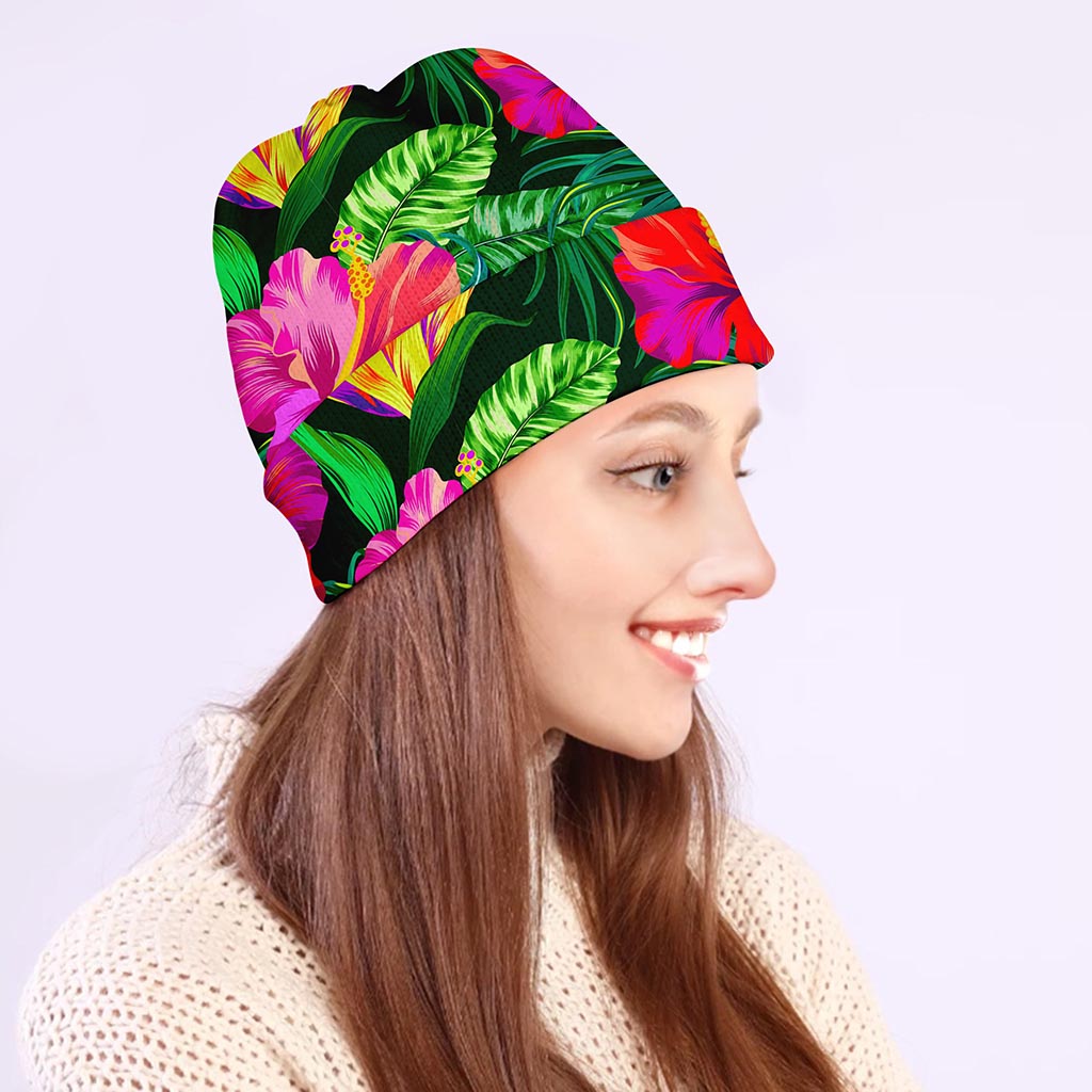 Purple Tropical Pattern Print Beanie