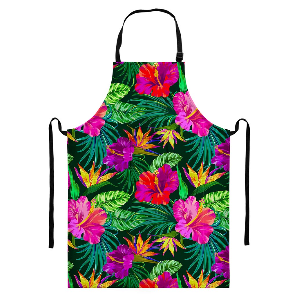 Purple Tropical Pattern Print Bib Apron With Pocket