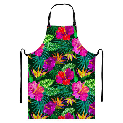 Purple Tropical Pattern Print Bib Apron With Pocket