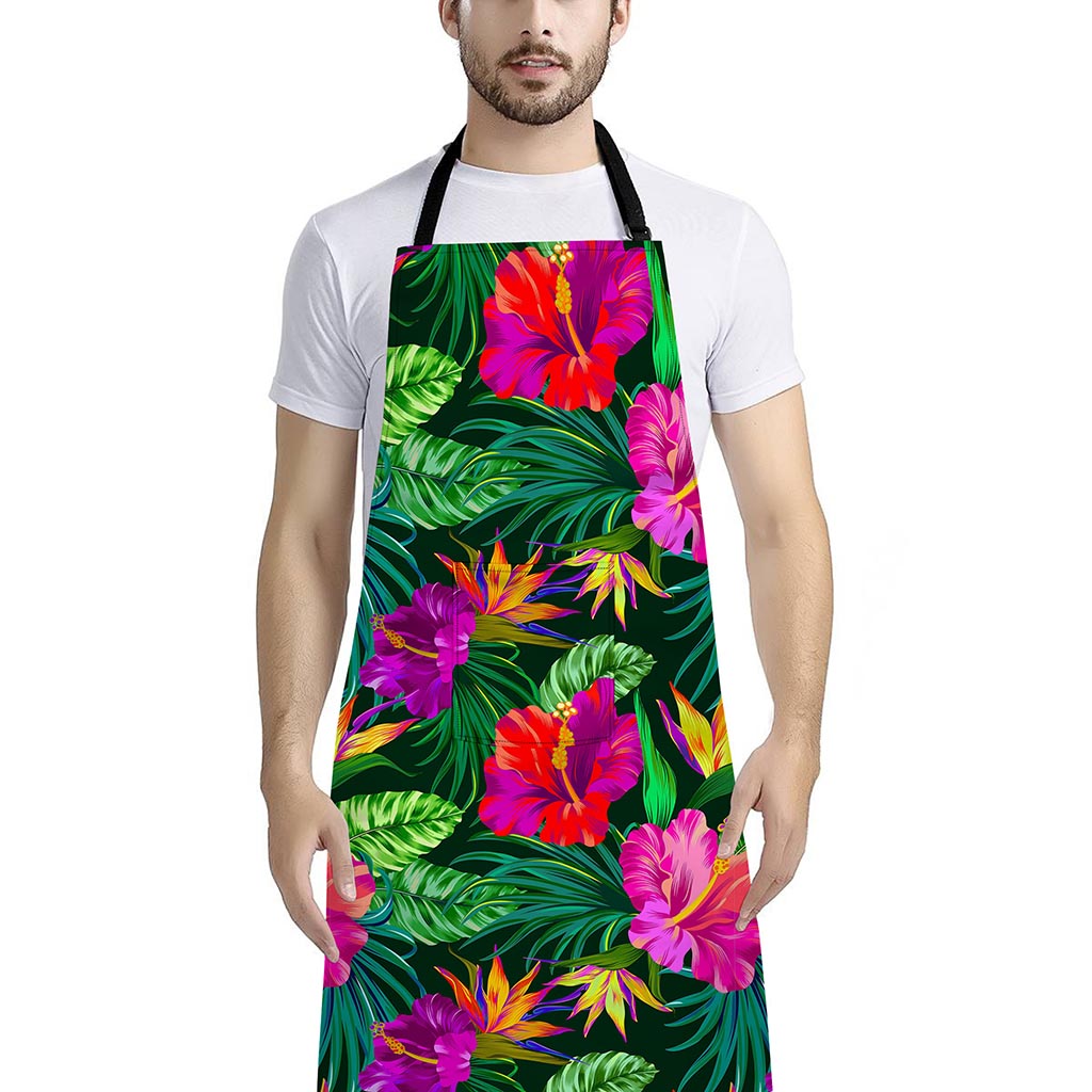 Purple Tropical Pattern Print Bib Apron With Pocket