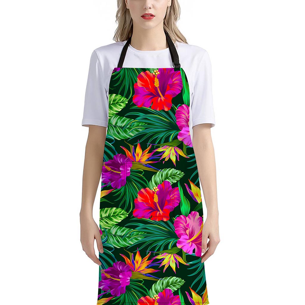Purple Tropical Pattern Print Bib Apron With Pocket