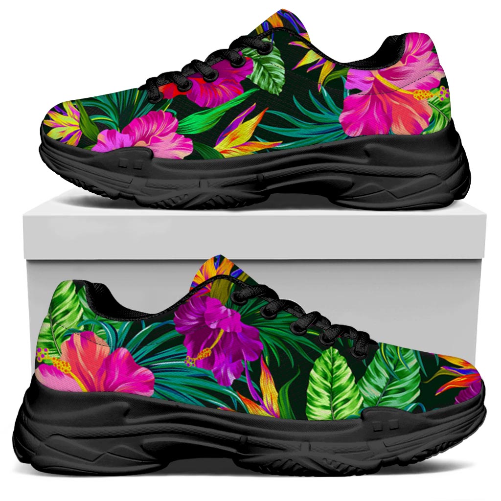 Purple Tropical Pattern Print Black Chunky Shoes