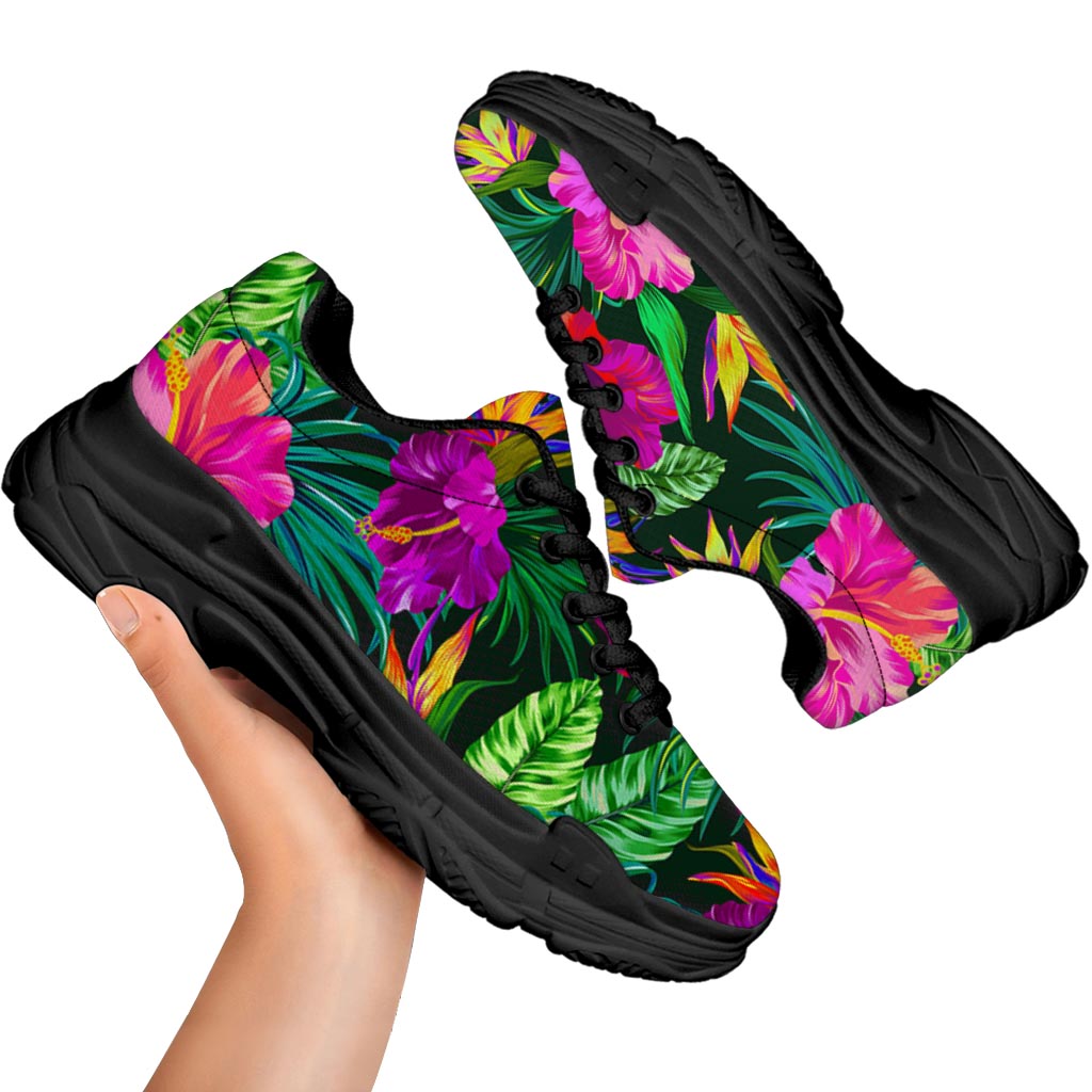 Purple Tropical Pattern Print Black Chunky Shoes