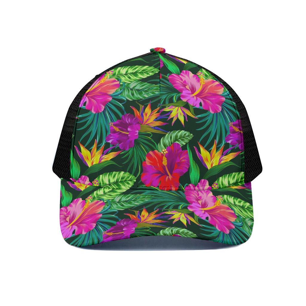 Purple Tropical Pattern Print Black Mesh Trucker Cap