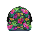 Purple Tropical Pattern Print Black Mesh Trucker Cap