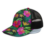 Purple Tropical Pattern Print Black Mesh Trucker Cap